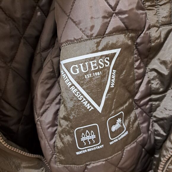 NEW Guess Grace Shiny Crinkle Nylon Parka Jacket Fur Trim Hood Size M Green - Picture 9 of 11